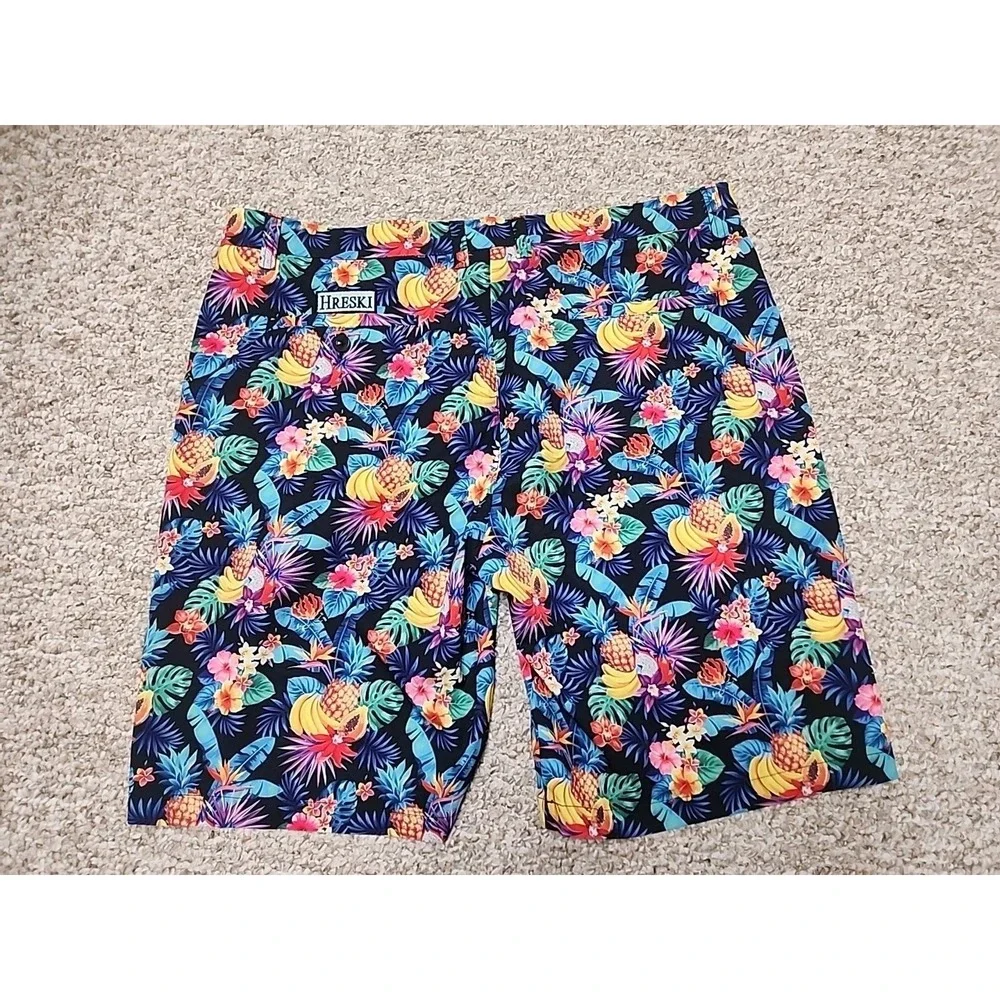 Hreski Shorts Mens 38x10‎ Black Floral Pineapple Golf Chino Abstract Colorful